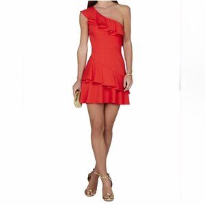 BCBGMAXAZRIA Calinda Poppy Red One Shoulder Mini Ruffled Dress Size 2